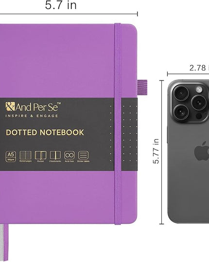 &And Per Se Dotted Journal Notebook, A5 Hardcover Leather Bullet Dotted Journal, 160 Pages 100 gsm Thick Paper, 3 Sheets of Stickers Included- 5.7'' x 8'' (Violet)