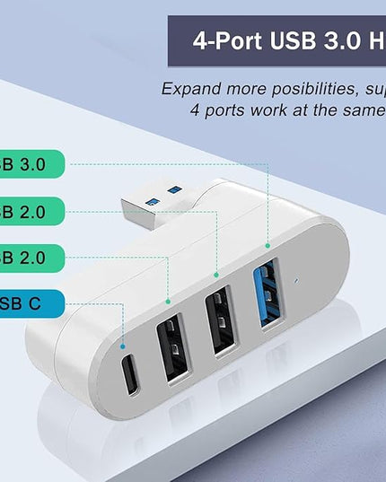 VIENON 4-Port USB 3.0 Hub [90/180 Rotatable], USB Splitter with 3 USB Ports & 1 USB C Power/Data Port, USB Extender for Laptops, Cars, iMac, MacBook Air, MacBook Pro