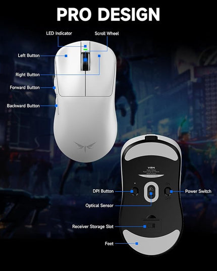 VGN F1 MOBA Wireless Gaming Mouse, 4K Polling Wired/Wireless Gamer Mice with 26K Optical Sensor, 55g Lightweight, 200h Battery Life, 6 Programmable Buttons, USB-C Charging, for PC/Mac/Laptop, White