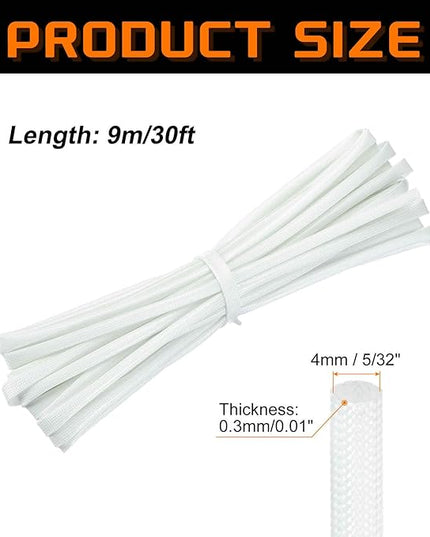 MECCANIXITY 30ft Braided Cable Sleeve, 5/32" ID 200C High Temperature 1500V Fiberglass Wire Insulation Cord Protector Organizer Wires Management for Motor Engine Fuel Line, White