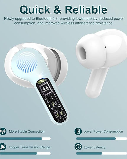 Wireless Earbuds, Bluetooth 5.4 Headphones HiFi Stereo, Bluetooth Earbuds with ENC Noise Cancelling Mic, IP7 Waterproof in Ear Earphones, 48H, LED Display Ear buds for Pad Workout Sports, Azure