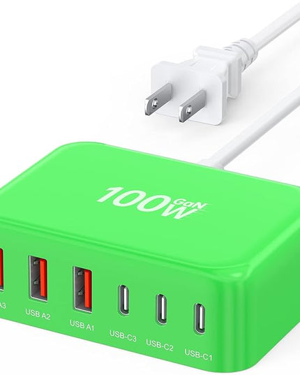 USB C Fast Charger, 100W GaN 6 Port Type C Charging Station Hub Block Cube, USB C Wall Charger Power Strip Adapter Plug for iPad iPhone 17 16 15 14 13 12 Pro Max Pixel Note Galaxy, 5ft Cord