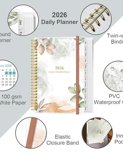 2026 Daily & Monthly Planner - One Page Per Day, Daily Planner 2026 from January 2026 to December 2026, Planner 26 with 12 Monthly Tabs, 6.4" x 8.5", Rose Leaf