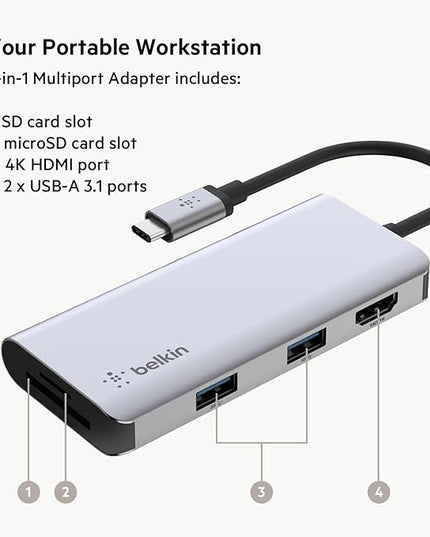 Belkin USB-C Hub, 5-in-1 MultiPort USB-C Docking Station for MacBook & Windows w/ 4K HDMI 1.4, 2x USB-A 3.1, SD 3.0, & Micro SD 3.0, & 5Gbps Data Transfer for Home, Office, & Travel, PVC002
