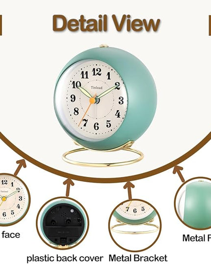 Tinload Analog Alarm Clock, Retro Simple Design Small Desk Clock with Manual Light, Battery Operated, Snooze, for Kids,Bedroom,Travel,Kitchen,Bedside Desktop(Green)