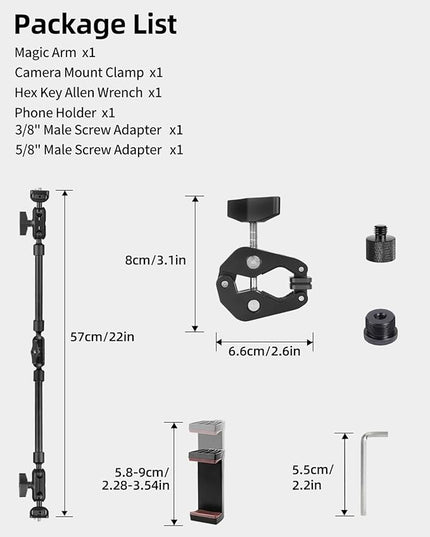 22" Magic Arm w Clamp, Overhead Phone Mount, Desk Camera Mount w Articulating Friction Boom Arm Thread Adapter, for Phone Video Light Webcam Microphone Action Camera Content Creators