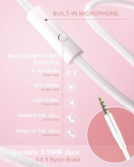 LORELEI X6 Over-Ear Headphones with Microphone, Lightweight Foldable & Portable Stereo Bass Headphones with 1.45M No-Tangle, Wired Headphones for Smartphone Tablet MP3 / 4 (Pearl Pink)