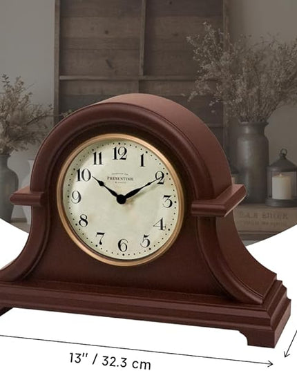 Presentime & Co. Mantel Clock Vintage Farmhouse Series, Napoleon Desk & Shelf Clock, 13 x 10 inch, Domed Lens, Quartz Movement, ABS Plastic Case, Walnut Brown Finish (Home/Tabletop Decoration)