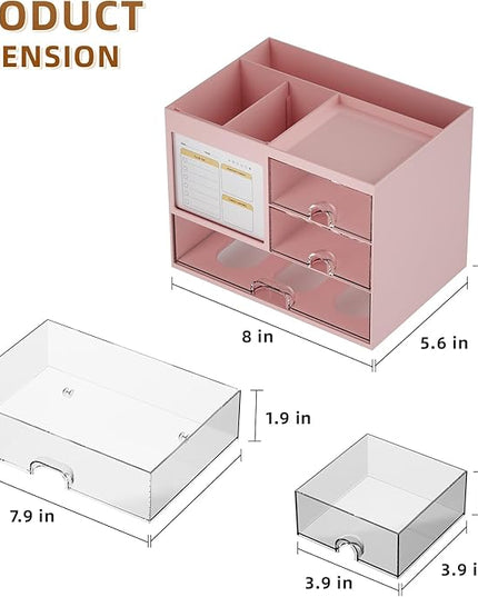 Marbrasse Desk Organizer with 3 Drawer, Multi-Functional Pencil Pen Holder for Desk, Desk Organizers and Accessories with 4 Compartments, Desktop Organizer Storage for Office Home Art Supplies (Pink)
