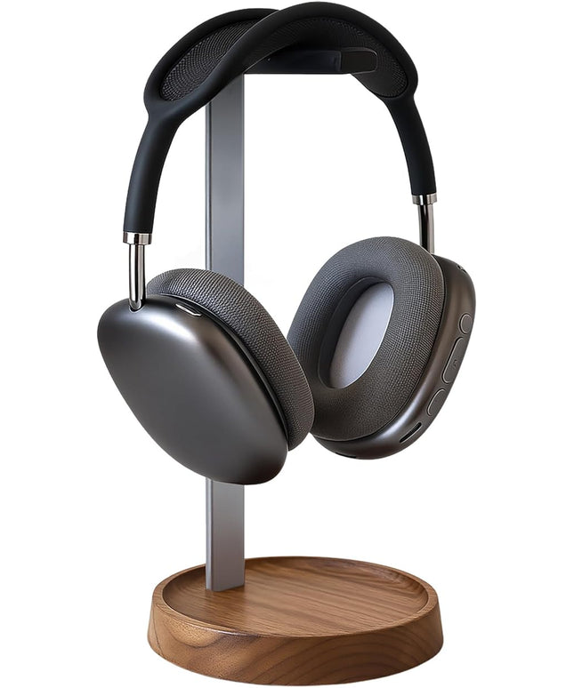 muso wood Walnut Headphone Stand, Universal Headset Stand with Storage Base, Wood Desktop Headphone Holder for Gaming Headset and Music Headset
