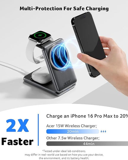 Acer 3 in 1 Charging Station for iPhone, Wireless Charger Stand,15W Fast MagSafe Charger for iPhone 17 16 15 14 13 12 Series-Apple Watch 10 9 8 7 6 5 4 3 2 SE and Ultra Series-Airpods 4 3 2 Pro Series