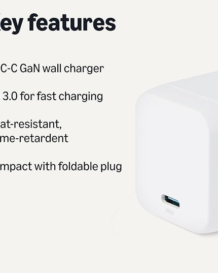 Amazon Basics Fast Charging USB C Nano GaN Wall Charger, 65W 1-Port PD 3.1 for Laptops Tablets Phones, White