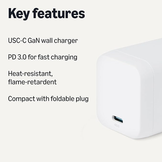 Amazon Basics Fast Charging USB C Nano GaN Wall Charger, 65W 1-Port PD 3.1 for Laptops Tablets Phones, White