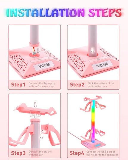 VCOM RGB Gaming Headphones Stand with 2 USB Ports, Pink Headset Stand with 10 Light Modes and Non-Slip Rubber, Suitable for PC Desk Accessories Gamers Gift(Pink)