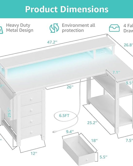 Lufeiya L Shaped Desk with Led Lights and Power Outlets, 47 Inch Writing Study Computer Gaming Desks with Fabric Drawers for Bedroom, Home Office Corner Desk with Monitor Stand Shelves, White