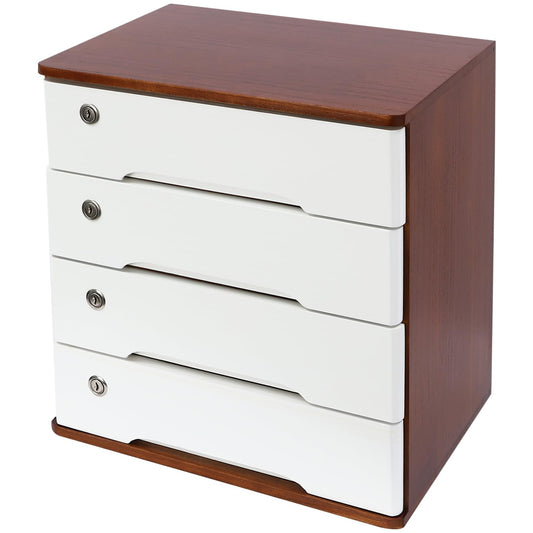 iSamLam Wood Desk Organizer with 4 Drawers, Lockable Desktop Countertop Storage Cabinet for Home Office Supplies File Tabletop Storage Box, 15.75" x 11.02" x 15.94" (Dark Brown + White)