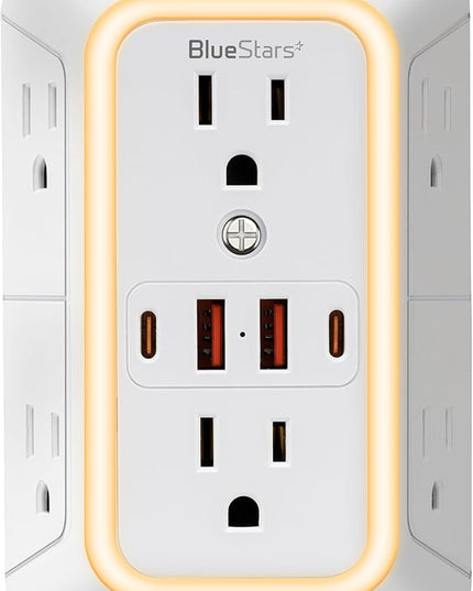 Wall Mount Power Strips Wall Charger 6 Outlet Extender 4 USB Ports (5V, 2.4A, 12W) and Night Light 3-Sided Power Strip with Adapter Spaced Outlets - Multi Plug Outlet Surge Protector for Home Office