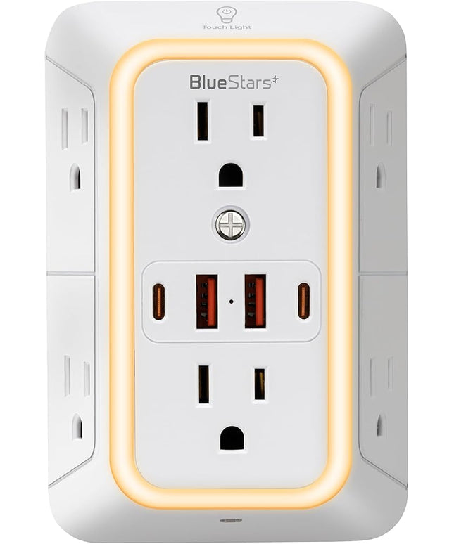 Wall Mount Power Strips Wall Charger 6 Outlet Extender 4 USB Ports (5V, 2.4A, 12W) and Night Light 3-Sided Power Strip with Adapter Spaced Outlets - Multi Plug Outlet Surge Protector for Home Office
