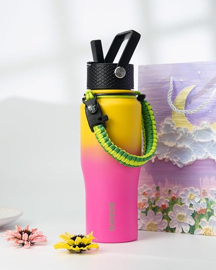 BJPKPK Insulated Water Bottles with Straw Lid, 23oz Metal Water Bottle with 2 lids & Paracord Strap, Double Wall Stainless Steel Vacuum Tumblers, Cups,Thermo for Hot& Cold Drinks, Pink & Yellow Rose