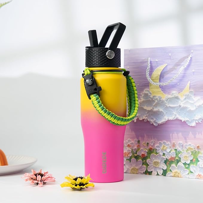 BJPKPK Insulated Water Bottles with Straw Lid, 35oz Metal Water Bottle with 2 lids & Paracord Strap, Double Wall Stainless Steel Vacuum Tumblers, Cups, Thermo for Hot& Cold Drinks, Pink & Yellow Rose