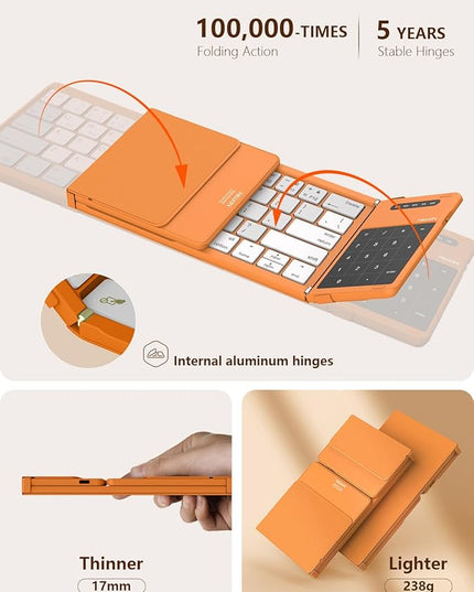 Nillkin Foldable Bluetooth Keyboard with Touchpad & Number Pad, Portable Bluetooth Keyboard with Full Size Keys, Pocket-Sized Wireless Travel Keyboards for iPad, Smartphone, Tablet and Laptop Orange