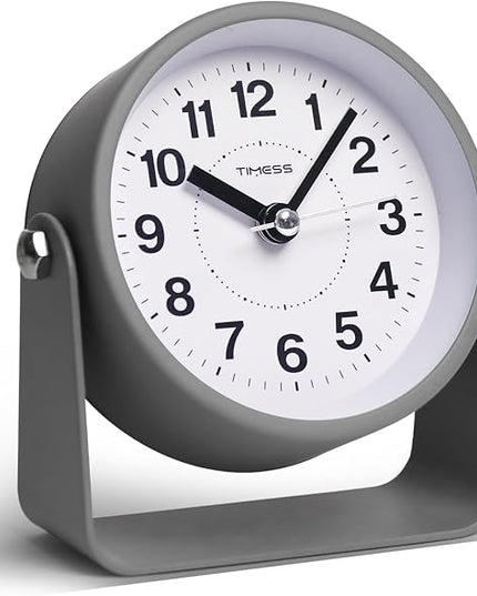 Analog Alarm Clock, Silent Non-Ticking Quartz Movement, Battery-Operated with Snooze & On-Demand Light, Easy to Set Gentle Wake Bedside Desk Clock, Ideal for Home, Travel, Office (Gray)
