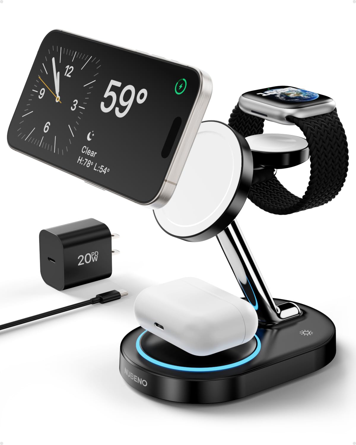 Nubeno Multiple Charging Station for Magsafe Apple Devices, Wireless Charger Station for MagSafe iPhones, 3 in 1 Magnetic Charger Stand for iPhone 17/16/15/14/13/12, Apple Watch & AirPods(Blk)