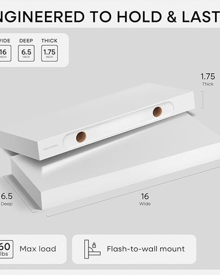 Homeforia White Floating Shelves 16 inch, High End Solid Real Wood 16inch Bathroom Floating Shelf for Wall Mounted, White Wooden 16 Floating Shelves, Heavy Duty Bracket, 16 X 6.5 X 1.75 inch, Set of 2