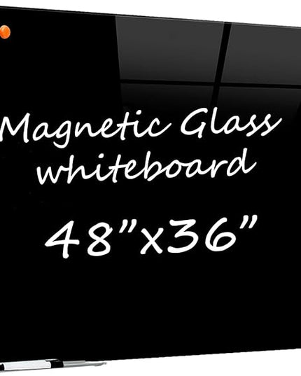 Glass Dry Erase Black Board - Magnetic Blackboard 48"X36" Frameless Whiteboard Clear Glass Boards with Super Strong Magnets, Wall Mounted for Office, Classroom and Home