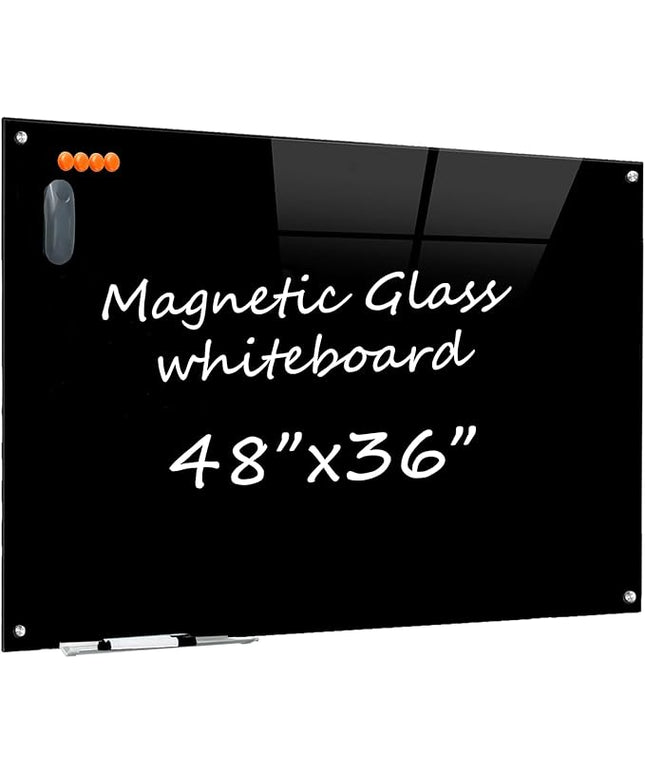 Glass Dry Erase Black Board - Magnetic Blackboard 48"X36" Frameless Whiteboard Clear Glass Boards with Super Strong Magnets, Wall Mounted for Office, Classroom and Home