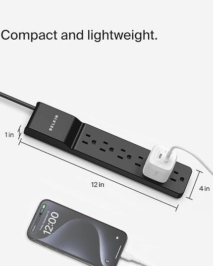 Belkin Surge Protector Power Strip with 6 AC Outlets, 6ft/1.8M Long Heavy-Duty Extension Cord, & 360-Degree Rotating AC Plug for Conference Rooms, Computer Desktops, & More - 600 Joules of Protection