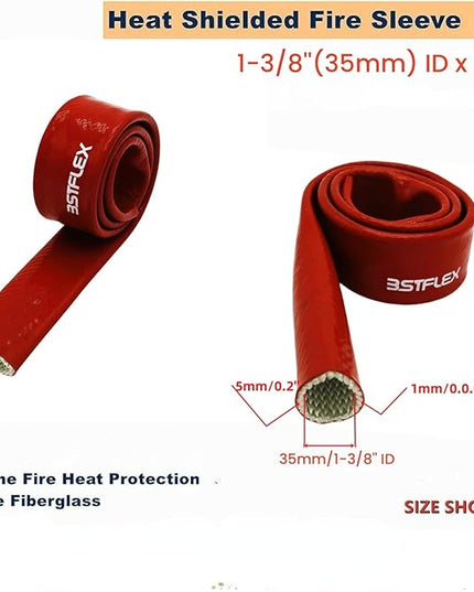 1-3/8"(35mm) ID Heat Shielded Fire Thermo Armor Fire Sleeve Silicone Coated Fiberglass for Automotive Hose Lines & Electrical Wiring Red, 5 feet