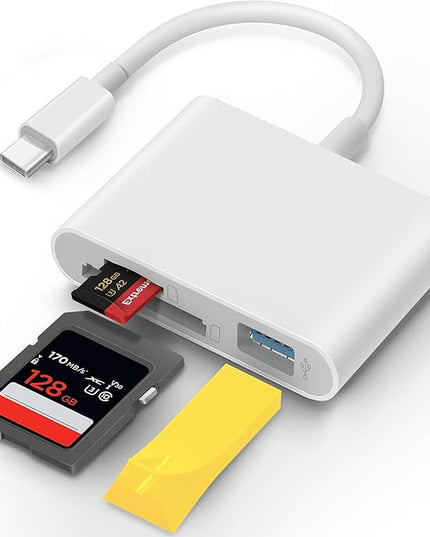 USB C SD Card Reader for iPhone 15 16 iPad Mac 3 in 1 USB-C Memory Trail Camera Card Adapter with Dual Slots & USB Port for Mac MacBook Pro/Air/Mini Android Laptop More USBC Typec Devices