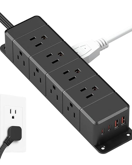 45W USB-C Fast Charging Under Desk Power Strip,12 Outlet Mountable Power Strip with 4 USB,1200J Surge Protection,6FT Flat Extension Cord Black
