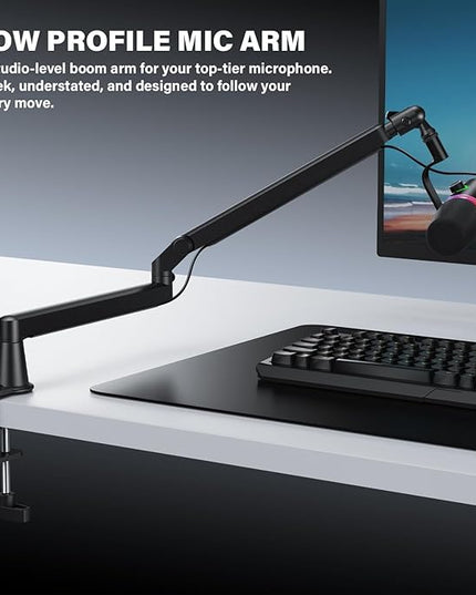 Low Profile Mic Arm, Cable Management Microphone Boom Arm, Full Aluminum Adjustable Mic Stand with Desk Clamp, 360°Rotatable Heavy Duty Microphone Stand for Streaming, Podcasting, Recording