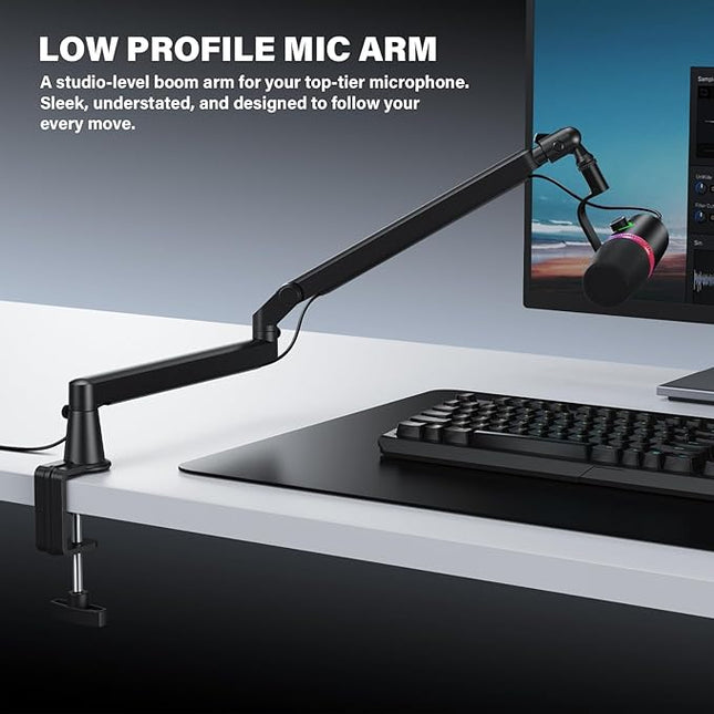 Low Profile Mic Arm, Cable Management Microphone Boom Arm, Full Aluminum Adjustable Mic Stand with Desk Clamp, 360°Rotatable Heavy Duty Microphone Stand for Streaming, Podcasting, Recording