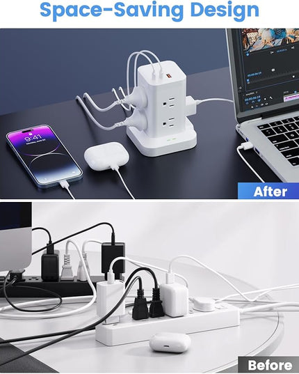 Power Strip Tower with Surge Protector 1800J, Fast Charging Tower PD20W USB-C Ports with 8 AC Outlets, 6ft Extension Cord for Home Office Dorm Room, White