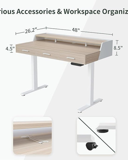 FEZIBO Electric Standing Desk with Drawers, 48x24 Inch Standing Desk Adjustable Height, Stand Up with Monitor Shelf, Sit Stand Home Office Desk, Light Walnut
