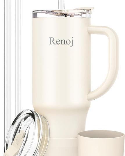 Renoj Tumbler with Handle 100% Leak Proof Insulated Water Bottle for Iced Coffee & Hot Drinks - Fits Car Cup Holder, Ideal Gift, 2 Straws & Silicone Boot BPA-Free - SnapShift White 32 oz