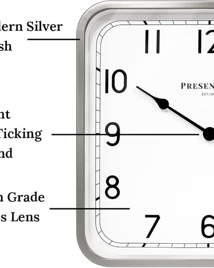 Presentime & Co 16" Anton Vintage Square Clock, Silent No Ticking, Wall & Mantel 2 in 1 Clock, Desk and Shelf Clock, Tabletop Décor, Modern Silver Color