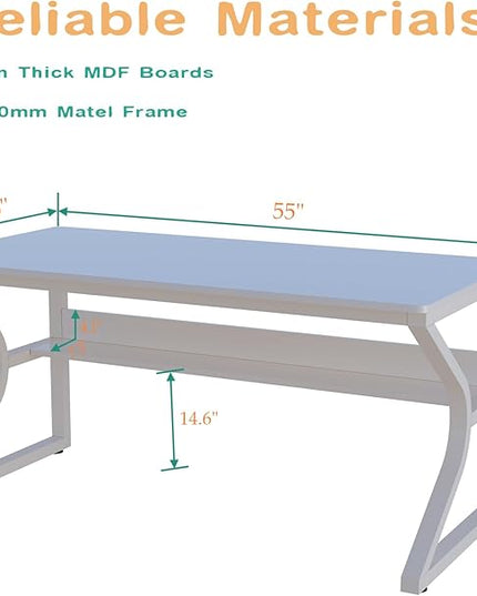 Extra Long Desk with Bookshelf - 55" Double Long Writing Table for 2-Person Workstation, Modern Study Work Computer Desk for Home and Office, Warm White