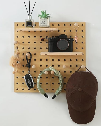 Beige Wood Pegboard Modular Display Wooden Pegboard Combination Wall Organizer Storage Wall Hooks Shelf for Home, Office, Bathroom, Comes with 2 Pieces Pegboards