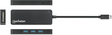 MANHATTAN USB-C Dock/Hub with Card Reader, 3x USB-A 3.2 Gen1, SD/MicroSD/MMC/USB Flash Drive Support, Black, Three Year Warranty