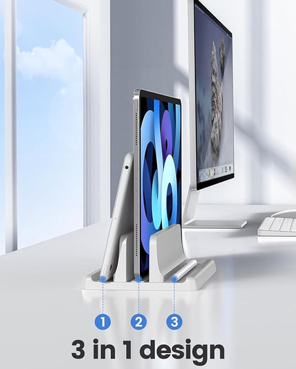 Vaydeer Vertical Laptop Stand Holder Plastic Adjustable Desktop Notebook Dock Space-Saving 3 in 1 for All MacBook Pro Air, Mac, HP, Dell, Microsoft Surface, Lenovo, up to 17.3 inches (White)