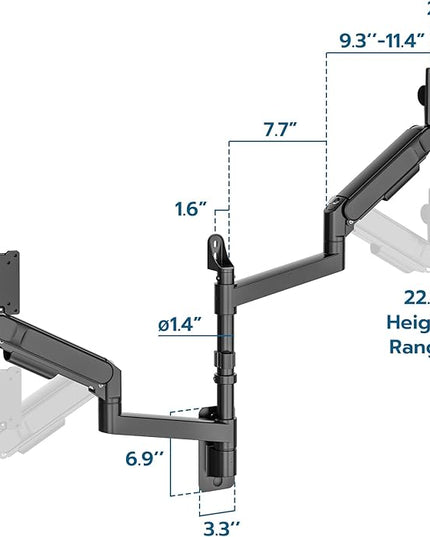 ARES WING Dual Monitor Wall Mount for 24-57 Inch Ultrawide Screens, Premium Heavy Duty Monitor Arm Holds 60 lbs, Full Motion Gas Spring, Bearing Head for Easy Adjustment, 75/100 VESA Mount, Black