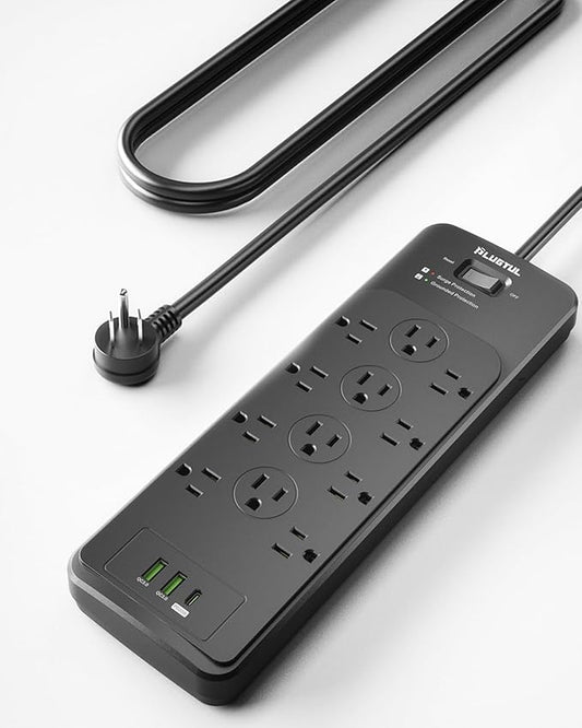 Surge Protector Power Strip 20FT(4080J), PLUGTUL Surge Protector with 12 Outlets - Spacious Design for Large Plugs, Flat Plug, 20W USB C Charging for Home, Office, ETL Listed