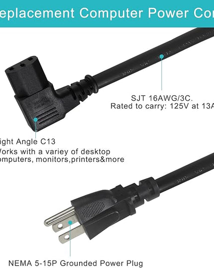 1FT Right Angle Computer Power Cord - NEMA 5-15 Plug to IEC C13 Power Cord,Universal PC Power Supply Cord, 16AWG, Black C13 3 Prong Angled AC Cord for PC Monitor/TV