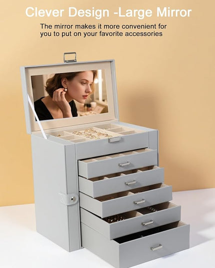 BOOVO Jewelry Box For women, 6 Layer Large Jewelry Organizer With Mirror, Multi-Function Storage Box With Lock, Necklace Holder With 5 Drawers, For Earrings Necklace Bracelet (Silver and Grey)