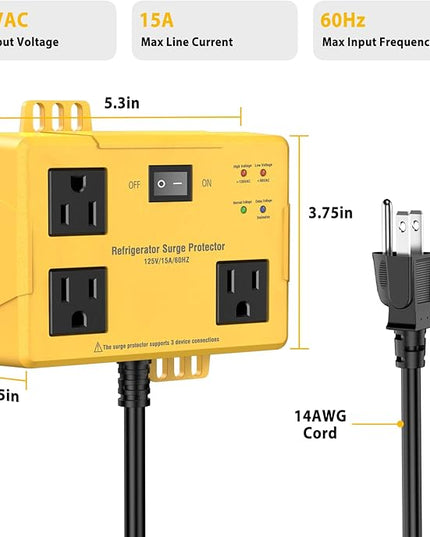 Refrigerator Surge Protector - Wall Mount 3 Outlet Voltage Protector with Time Delay & LED Indicator for Home Appliances, Against High & Low Voltage Brownouts Spikes & Instant Surge,125V/15A/3FT