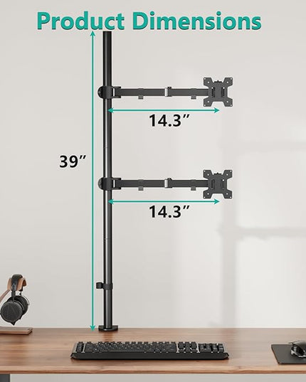 WALI Stacked Monitor Mount, Dual Monitor Stand Vertical for 2 Computer Screens Max 27'', Vertical Monitor Mount for Desk Holds up to 22lbs with Mounting Holes 75/100mm (M12XXL), Black